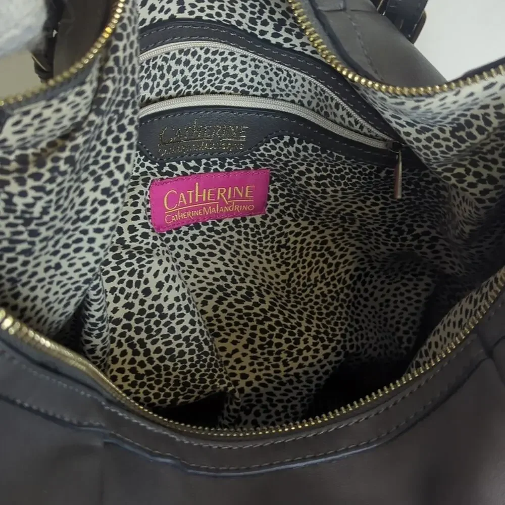 Vegan Leather Shoulder Hobo Bag Tote Charcoal Grey Animal Print Interior